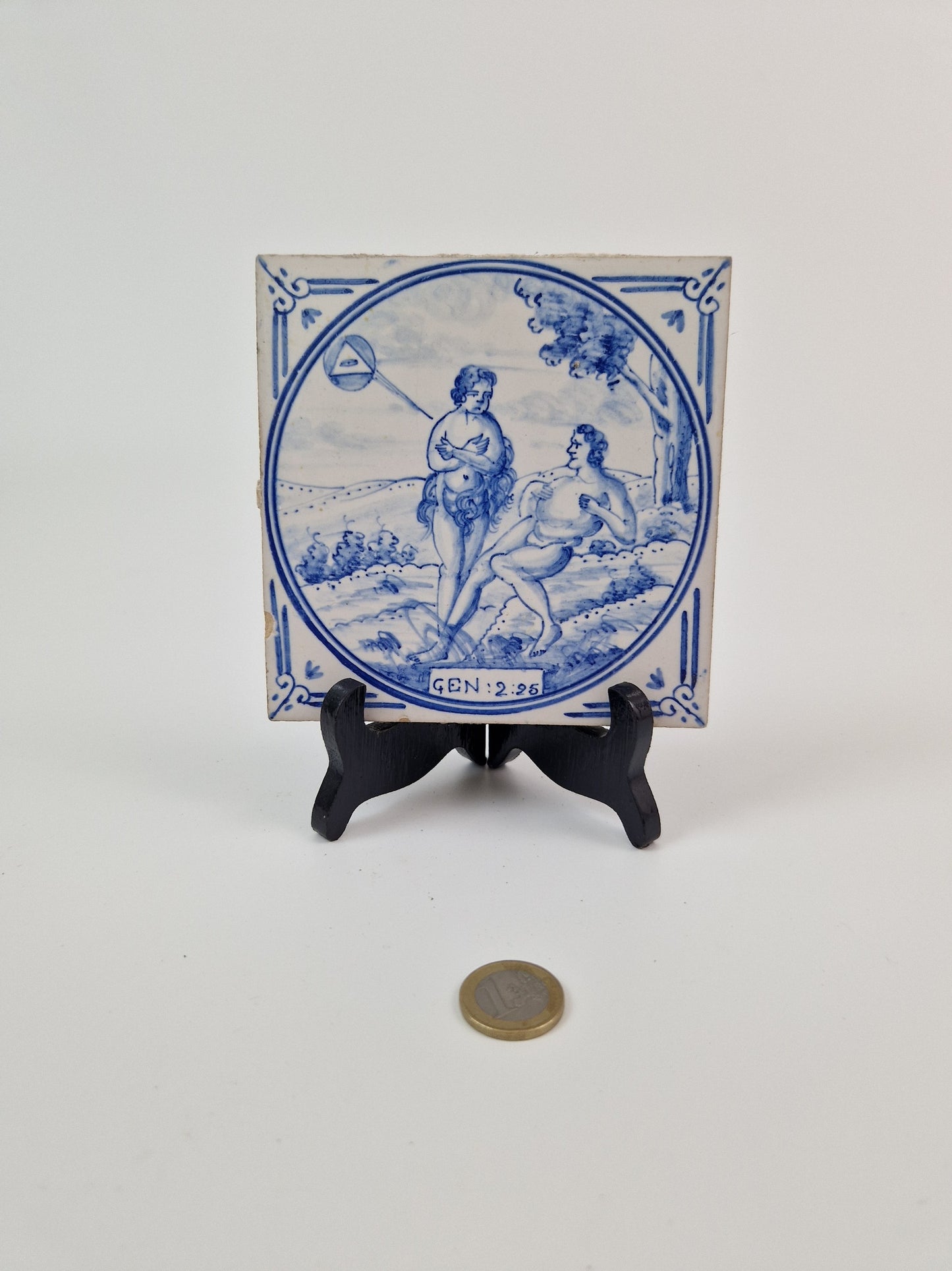 brocante Delfts Blauw Tegeltje met Bijbelse Afbeelding