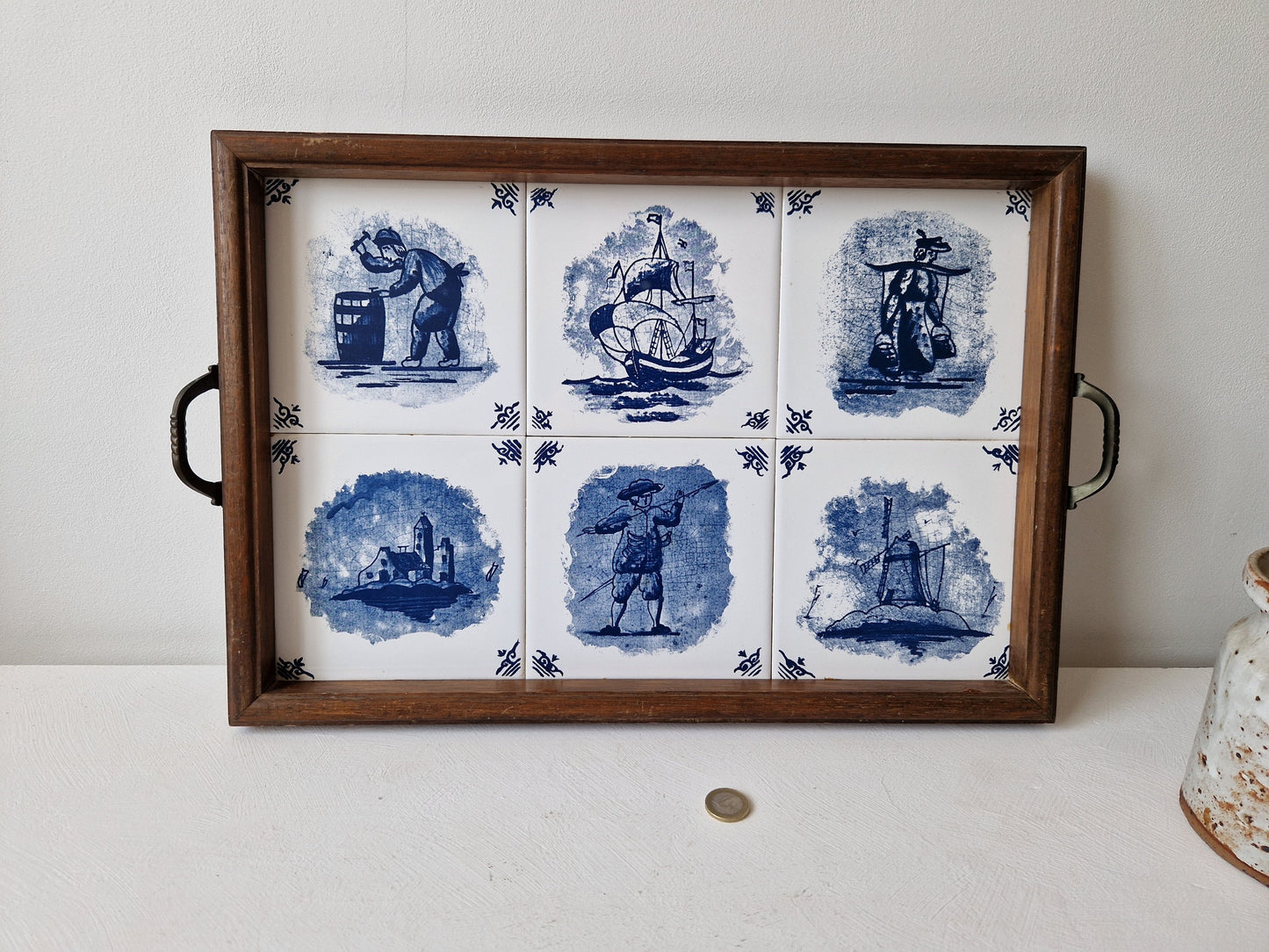 Blauw-wit tegel dienblad uit Nederland vintage