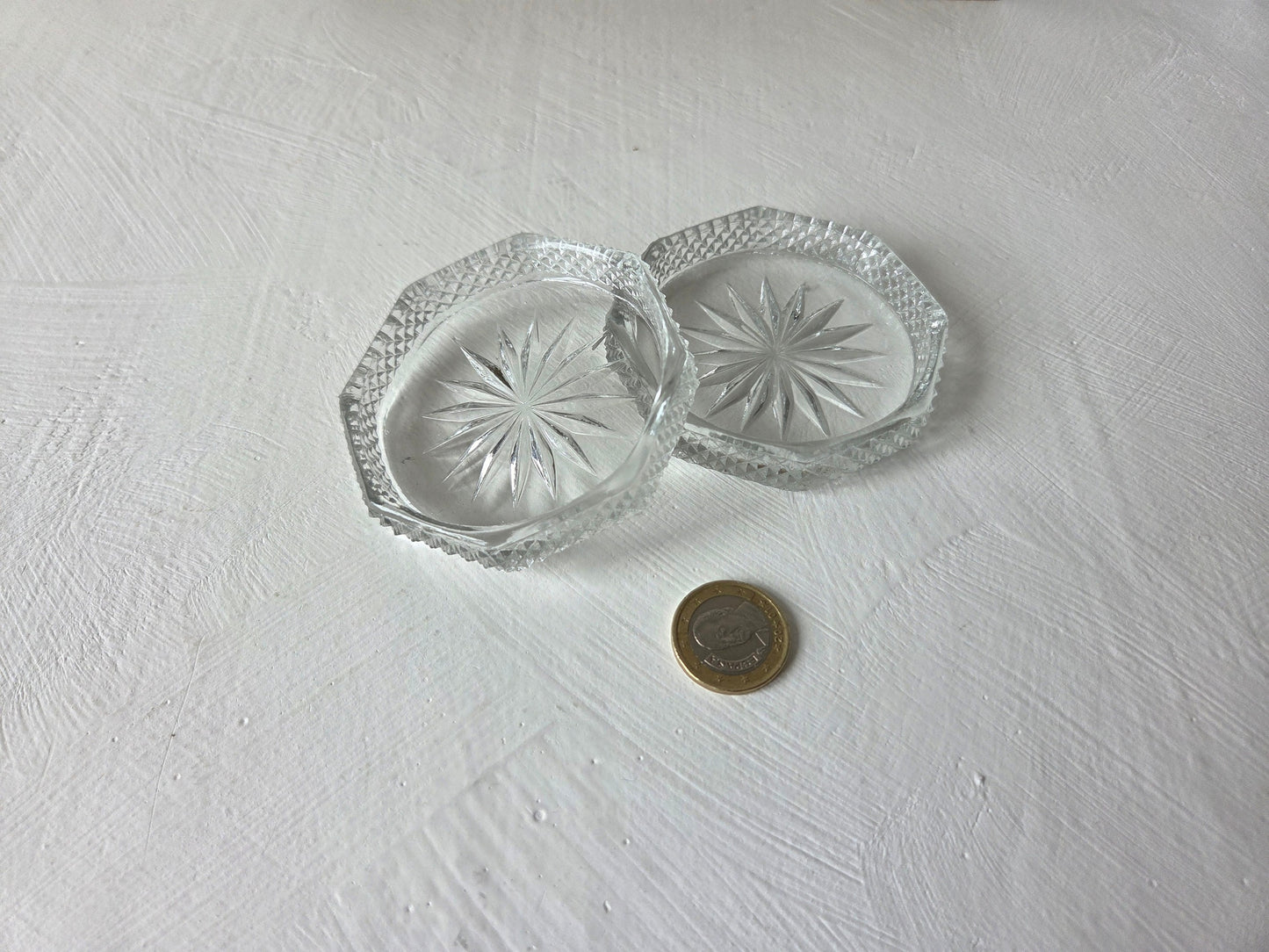 vintage set onderzetters glas stermotief beige bewaardoos