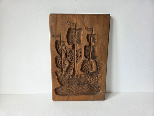 houten speculaasplank zeilschip in hout gesneden vintage