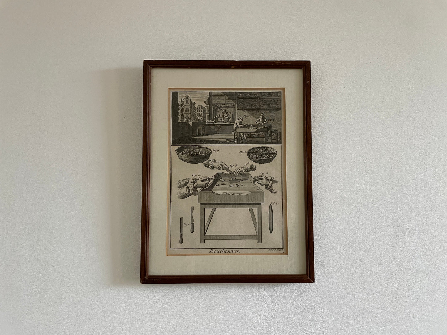 ingelijste oude gravure ambacht kurkensnijder