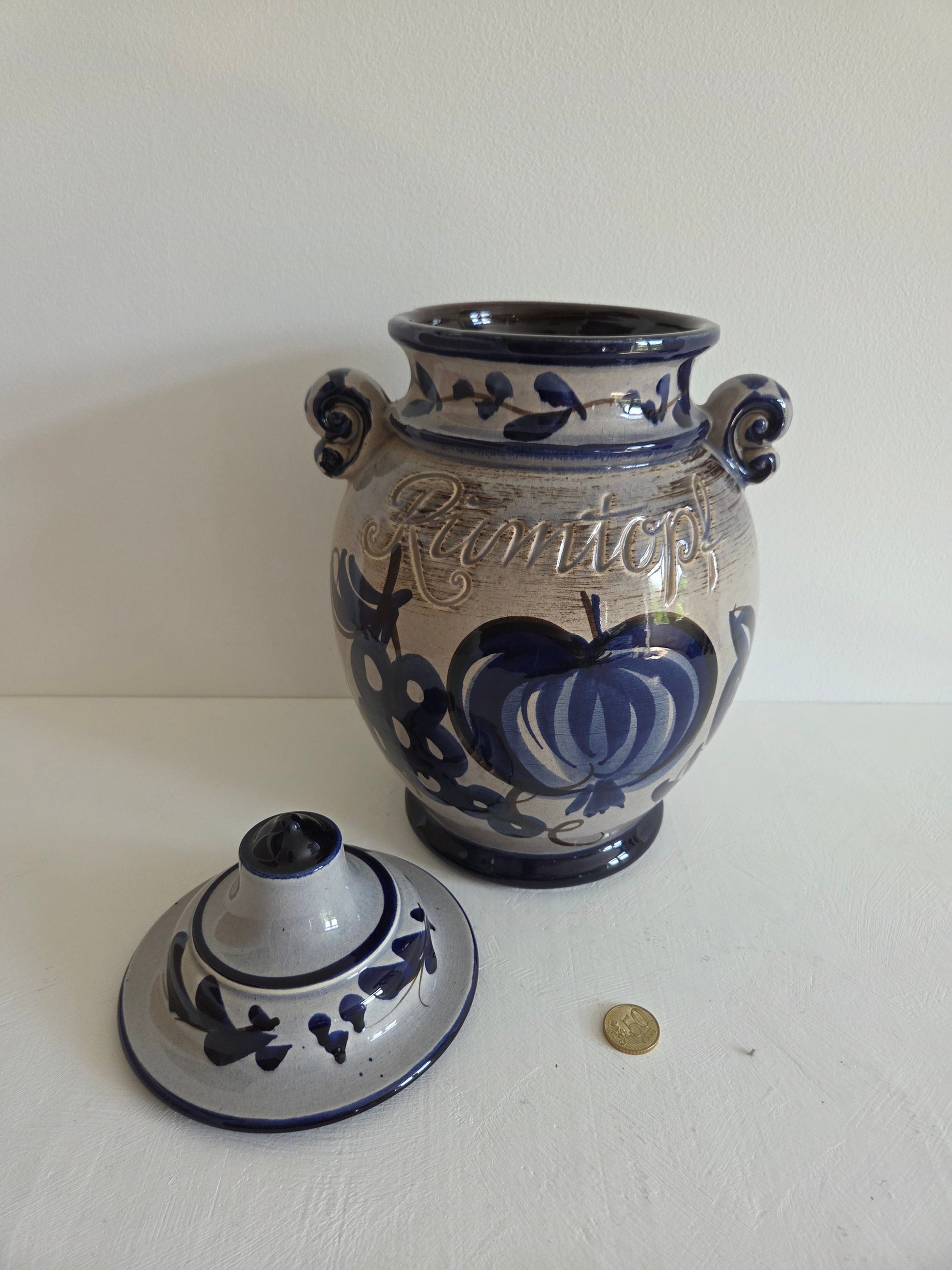 vintage Rumtopf pot West-Duitsland kobaltblauw appelmotief