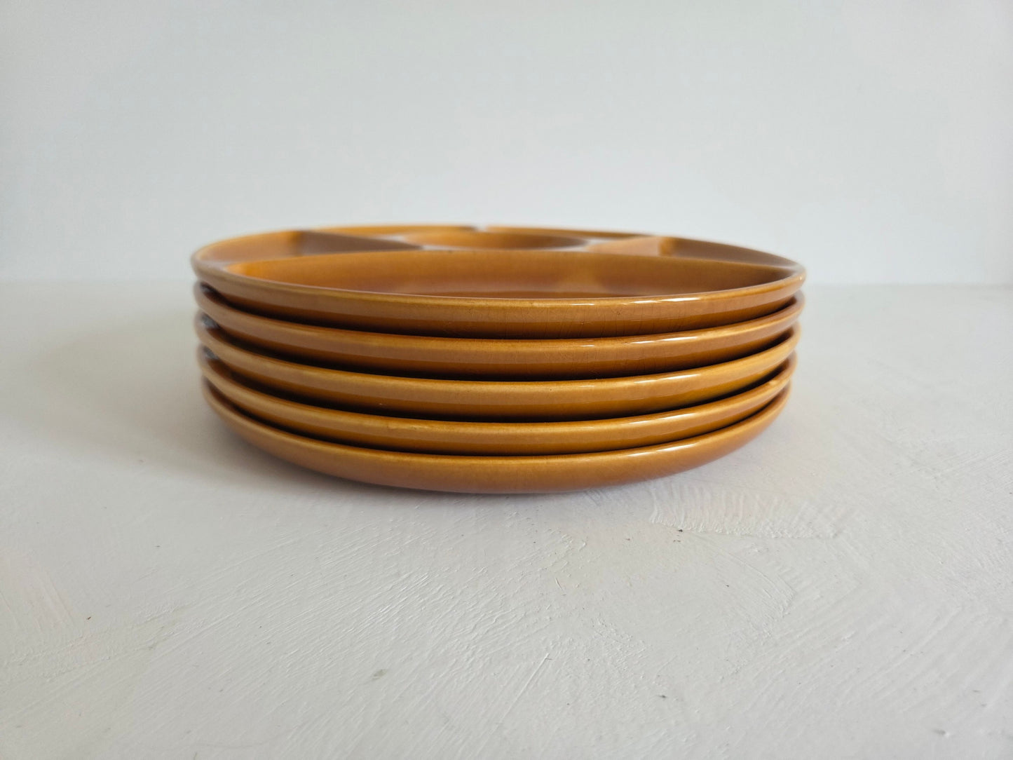vintage fonduborden Gien Frankrijk mosterdgeel set van vijf