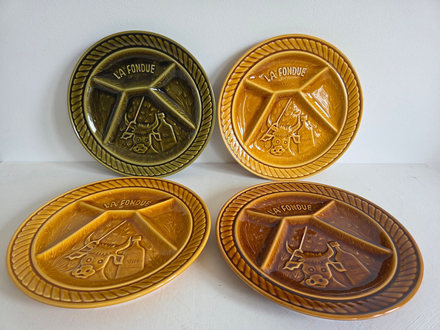Set van 4 vintage fondueborden — Sarreguemines, La Fondue, jaren '70