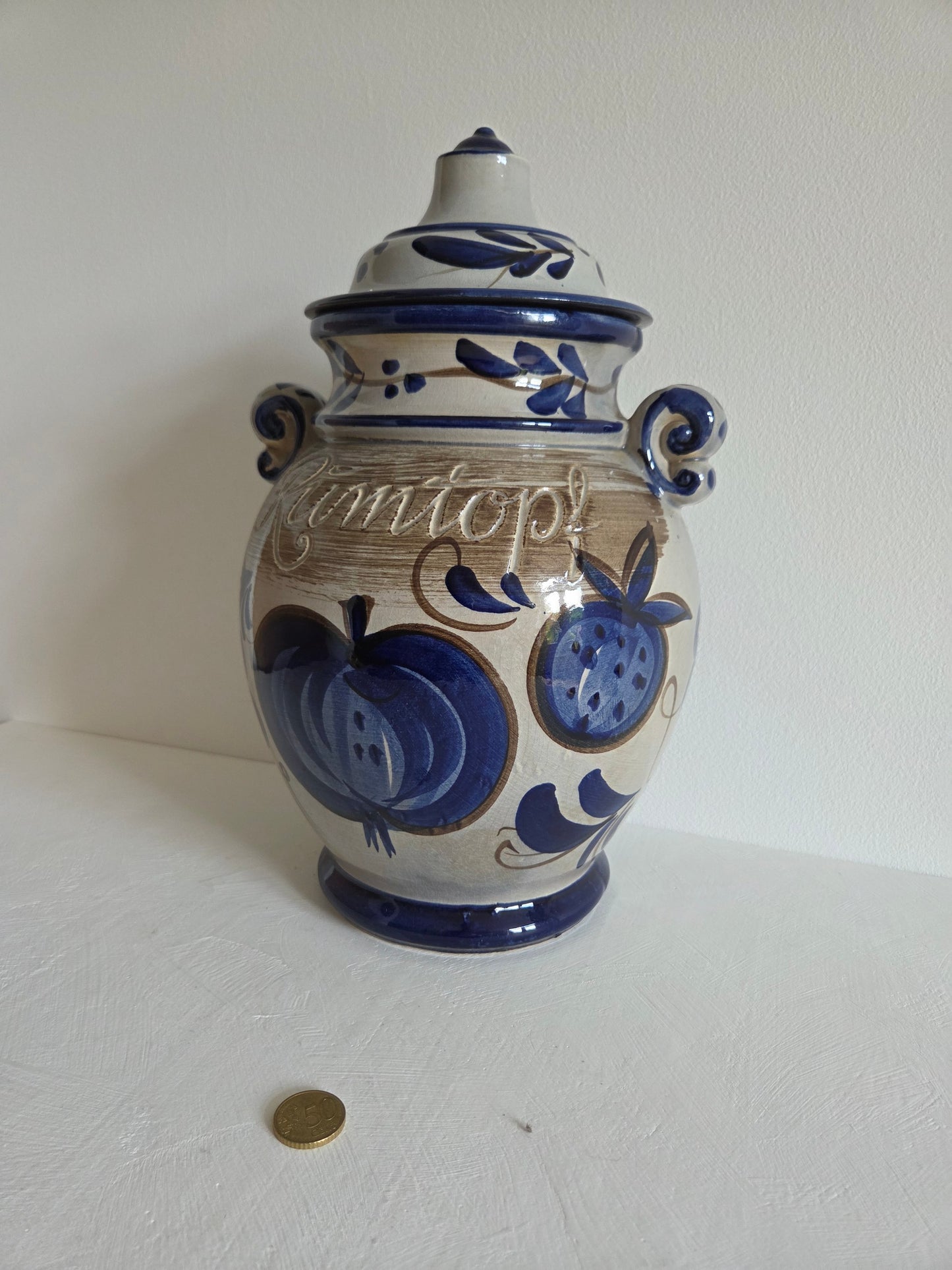 vintage Rumtopf pot handgeschilderd appels aardbeien kobaltblauw