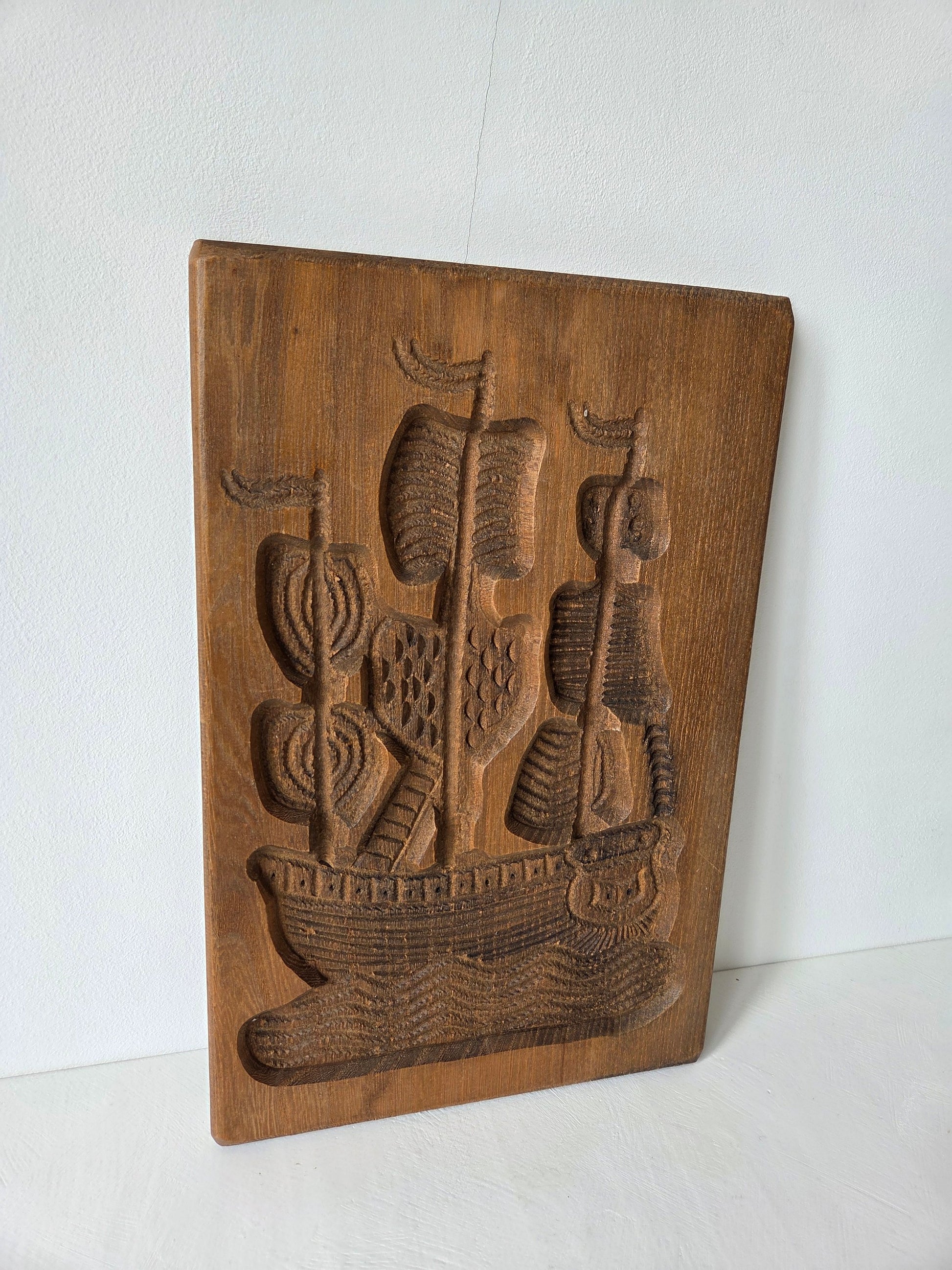 vintage speculaasplank hout maritiem motief zeilschip
