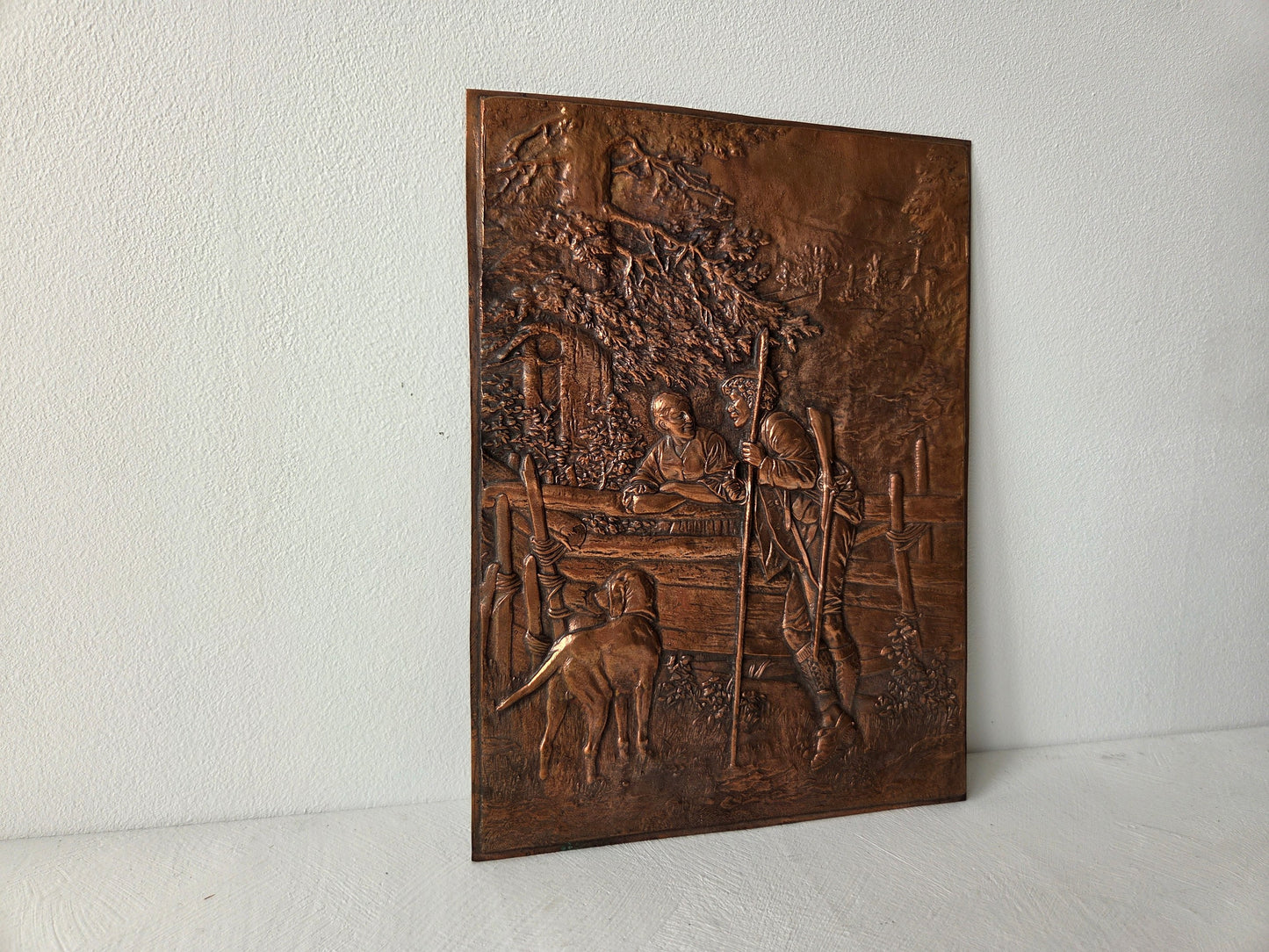 koperplaat met jager vrouw en hek