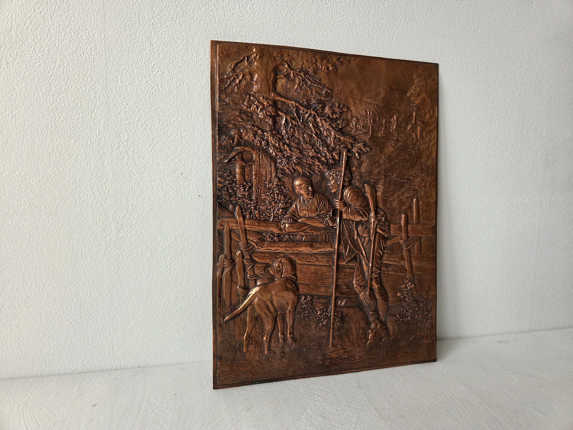 koperplaat met jager vrouw en hek