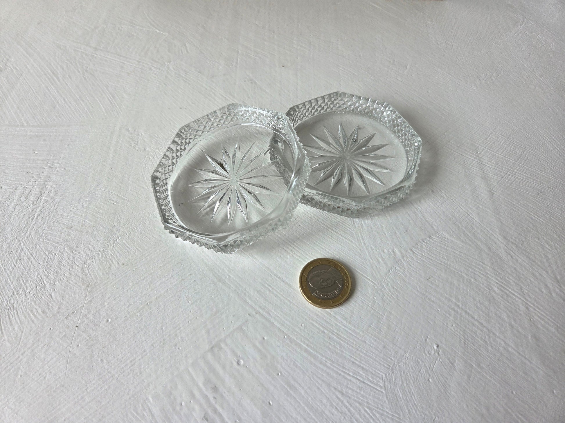 vintage set onderzetters glas stermotief beige bewaardoos