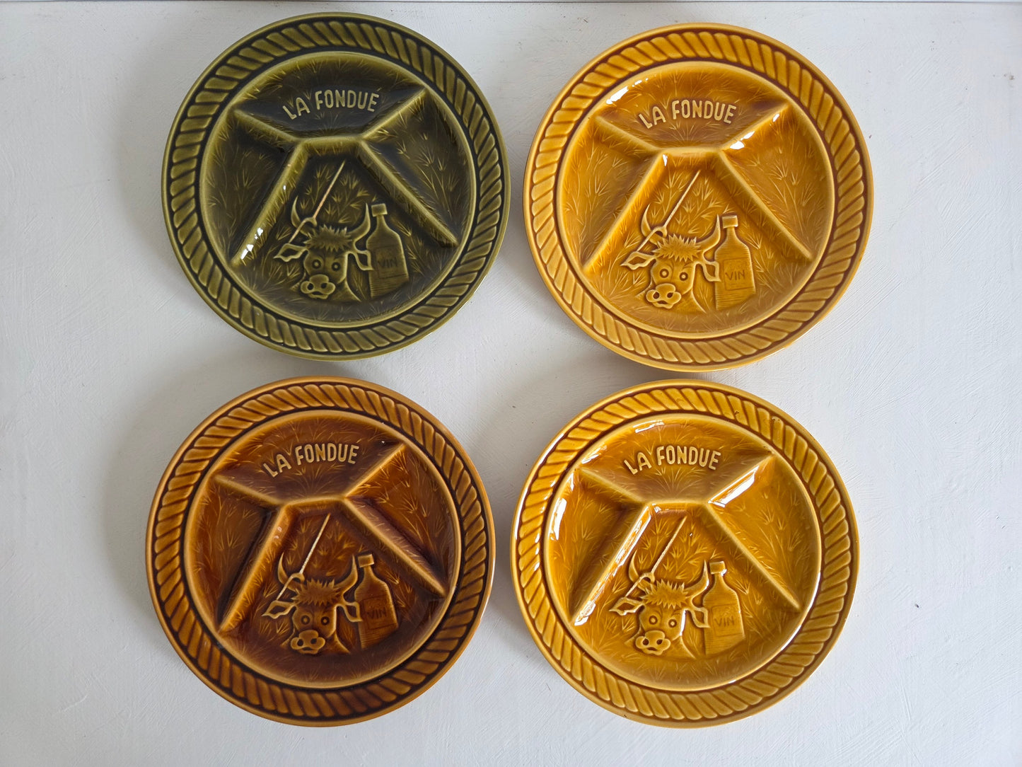 Set van 4 vintage fondueborden — Sarreguemines, La Fondue, jaren '70