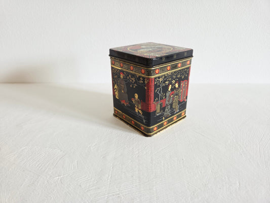 vintage metalen theeblik Chinees tafereel zwart rood goud