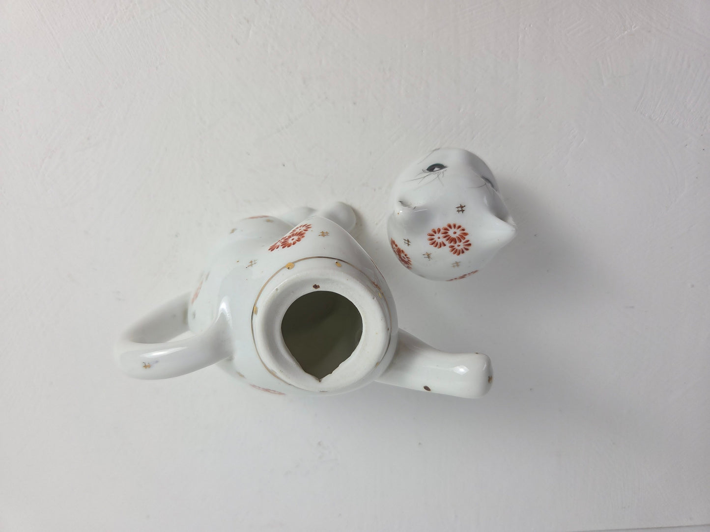 klein porseleinen kattentheepot wit rood goud China