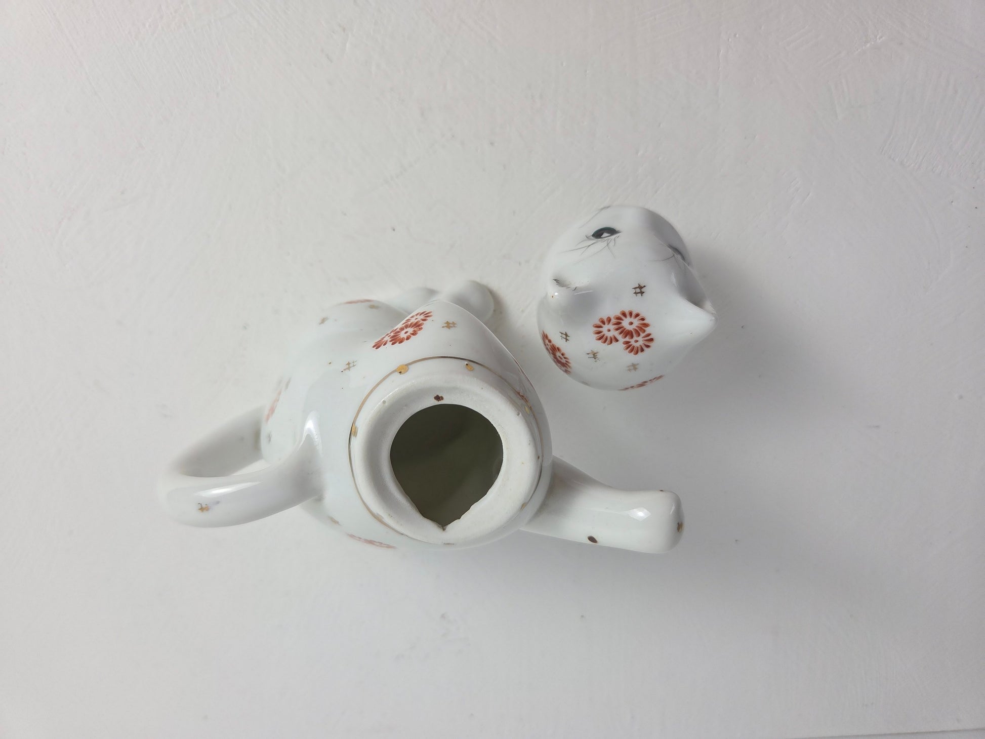 klein porseleinen kattentheepot wit rood goud China