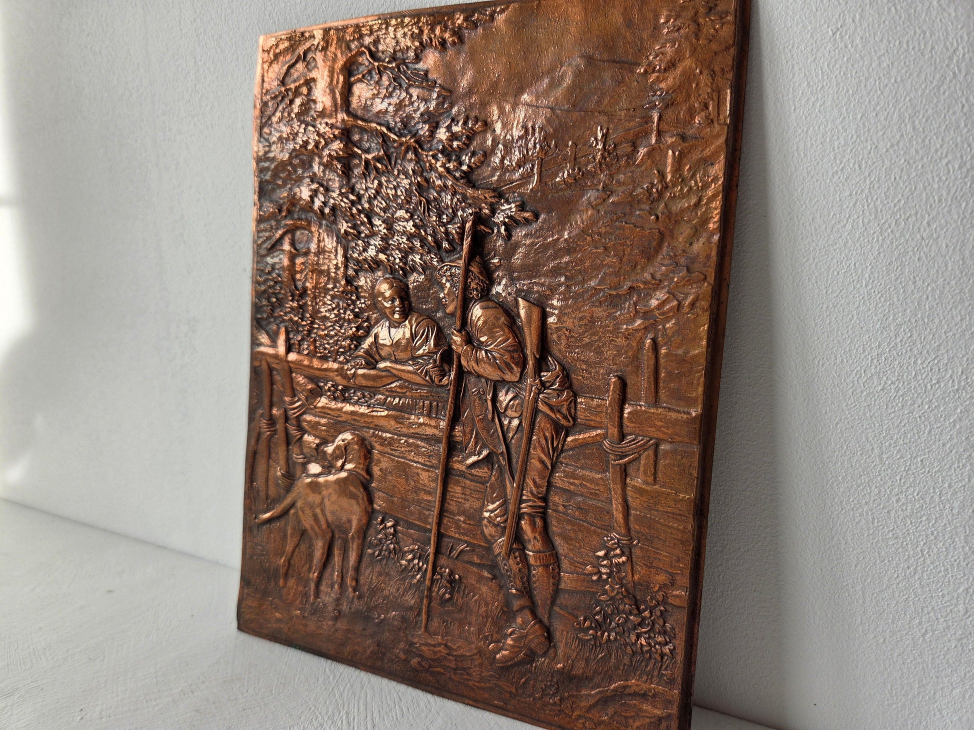 vintage koperen decorplaat met jachttafereel